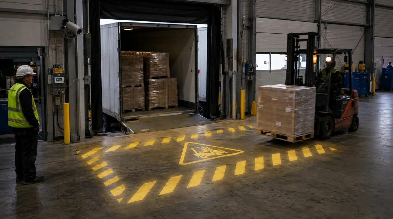 Projizierte Sicherheitskennzeichnung an einer industriellen Verladezone mit Staplerverkehr